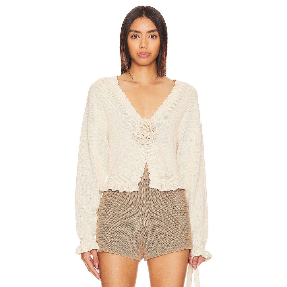 Tularosa Jovien Rosette Cardigan Beige Ruffle Crop Sweater Small NWT
